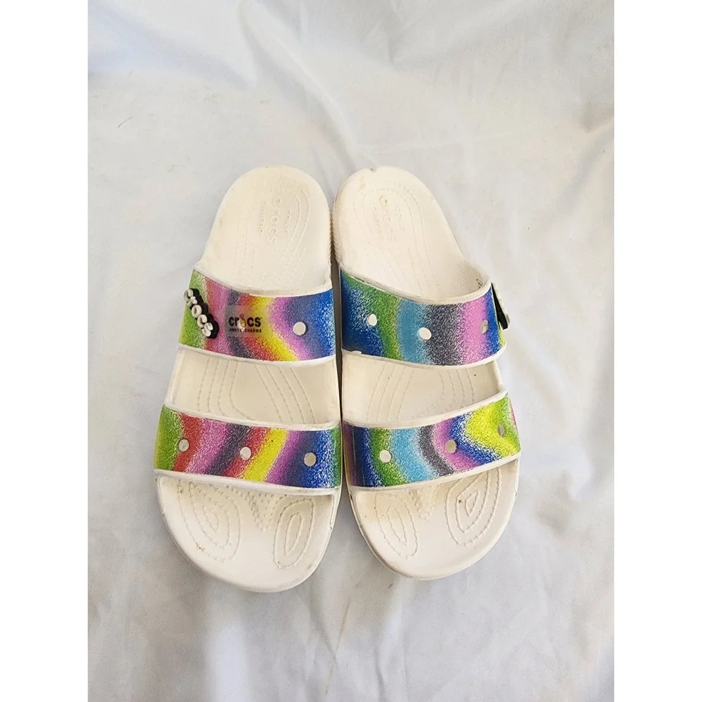 Crocs Classic Sandal Rainbow Glitter Slides Womens 10 Mens 8 White Multi Color - Picture 6 of 9
